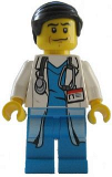 LEGO cty0319 Doctor - Long Lab Coat over Dark Azure Shirt, Stethoscope, Black Smooth Hair