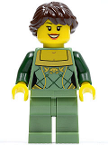 LEGO cty0444 Sand Green Female Corset with Gold Trimmed Front, Sand Green Legs, Dark Brown Hair Ponytail Long French Braided